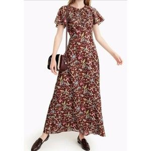 J Crew Point Sur Flutter Sleeve Maxi Dress Brown Metallic Menagerie Women Sz 6